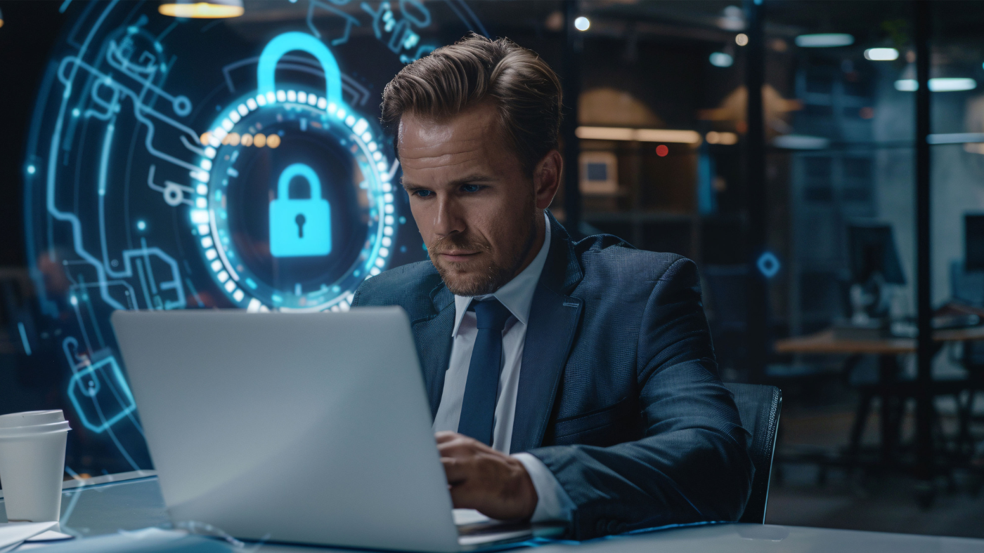 Caucasion businessman in the office working on his laptop with cybersecurity symbols as his background